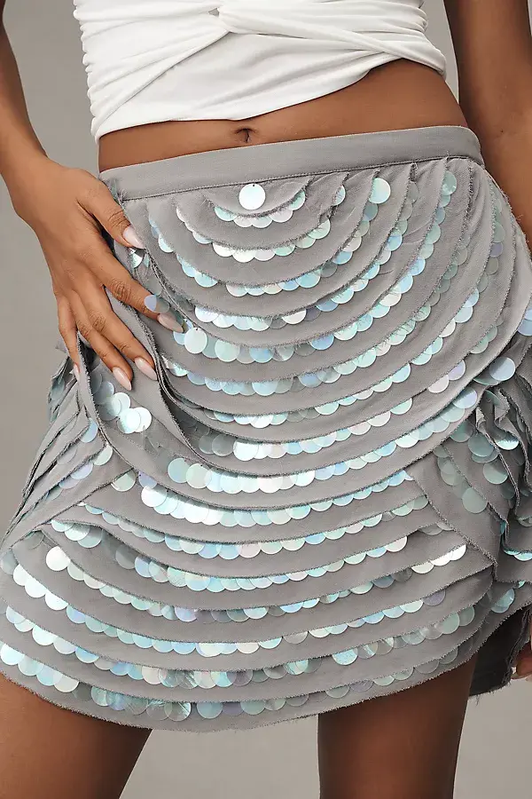 Anthropologie By Anthropologie Embellished Scoop-Hem Mini Skirt Blue Slate