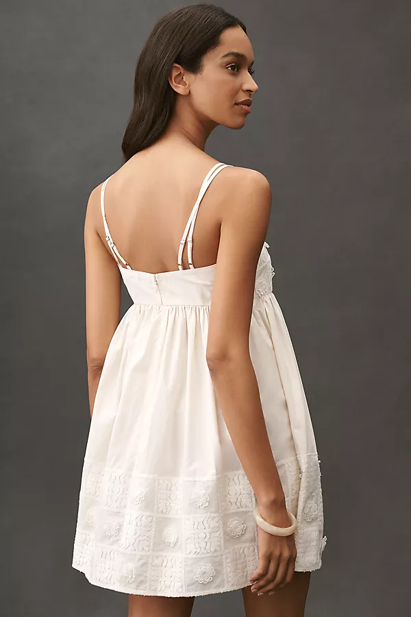 Anthropologie By Anthropologie Embroidered Cotton Sleeveless Square-Neck Mini Babydoll Dress Neutral Pattern