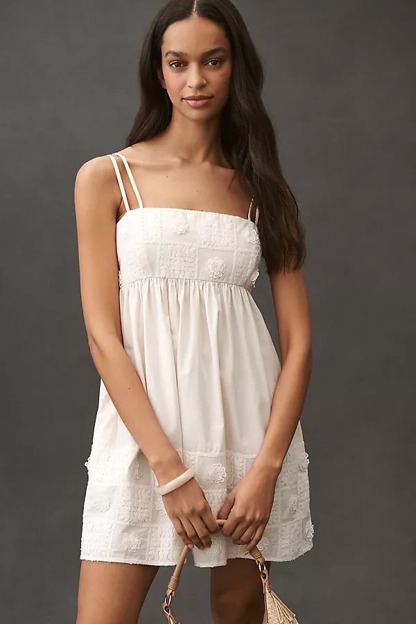 anthropologie By Anthropologie Embroidered Cotton Sleeveless Square-Neck Mini Babydoll Dress Neutral Pattern