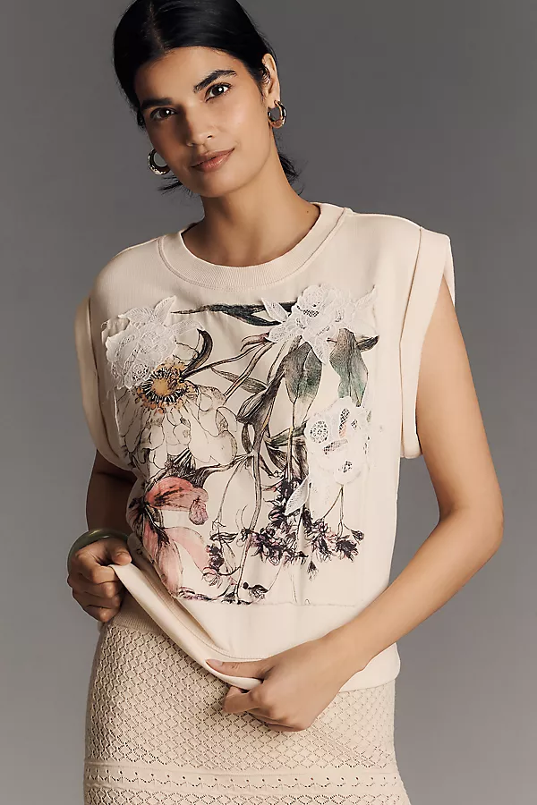 anthropologie By Anthropologie Floral Appliqué Muscle Tank White Putty