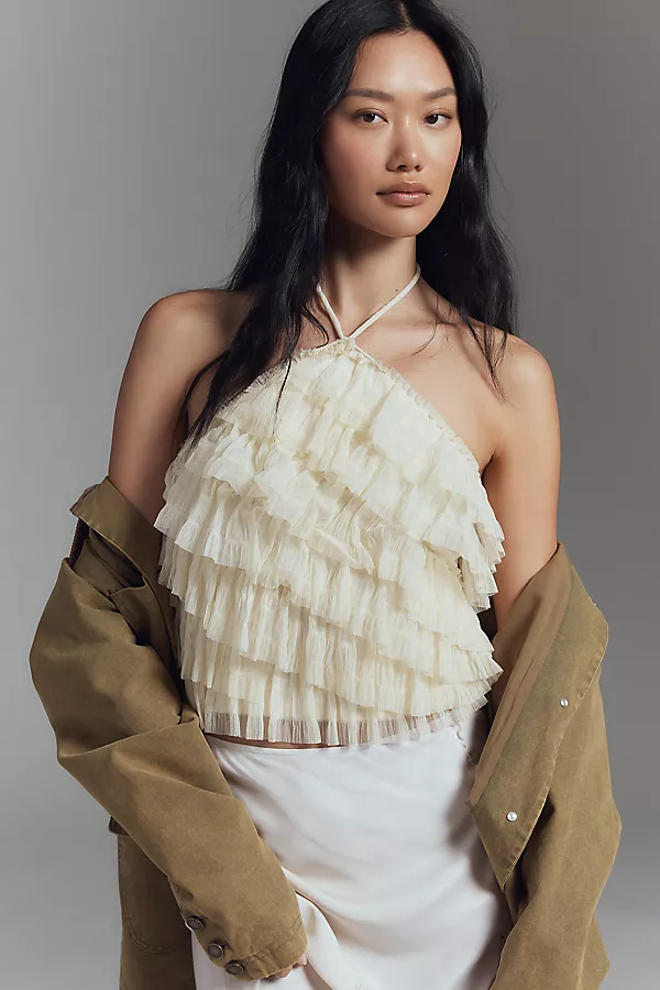 anthropologie By Anthropologie Halter Ruffle Tank Top​ Ivory