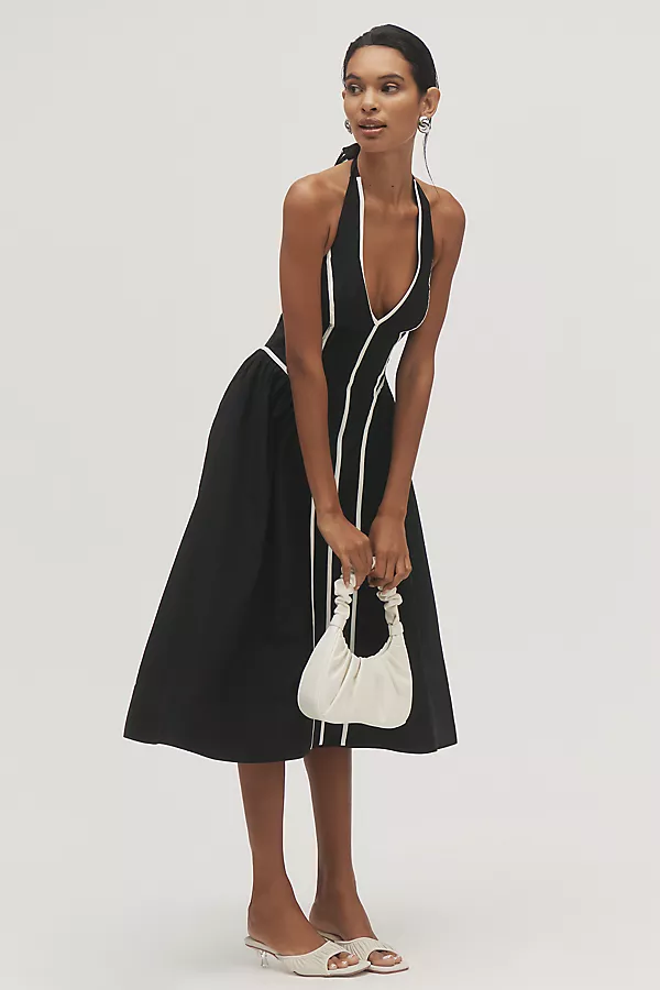 Anthropologie By Anthropologie Halter V-Neck Fit & Flare Midi Dress Black