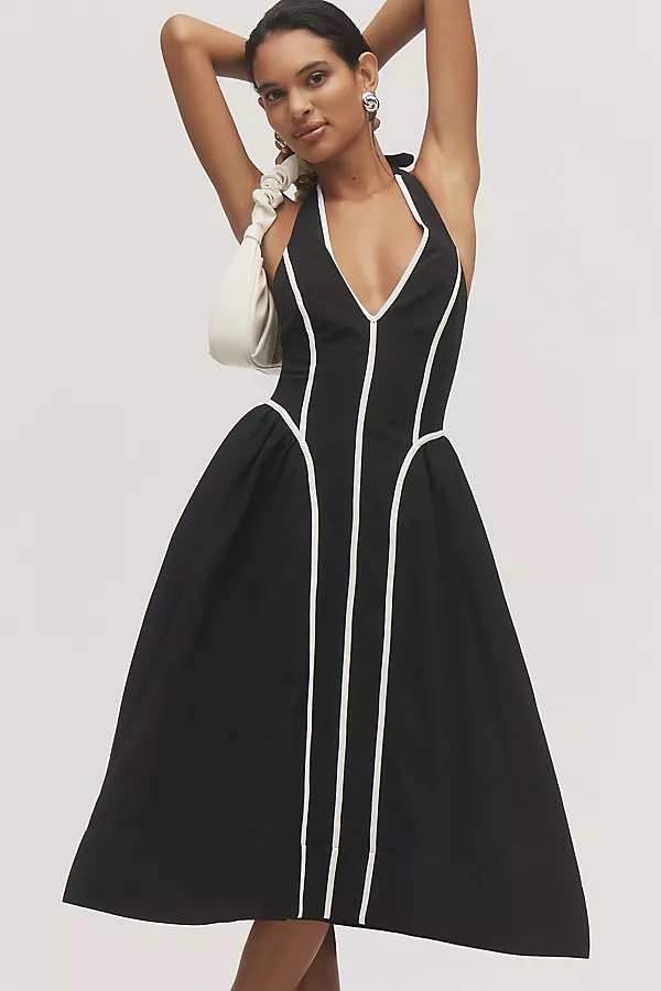 anthropologie By Anthropologie Halter V-Neck Fit & Flare Midi Dress Black