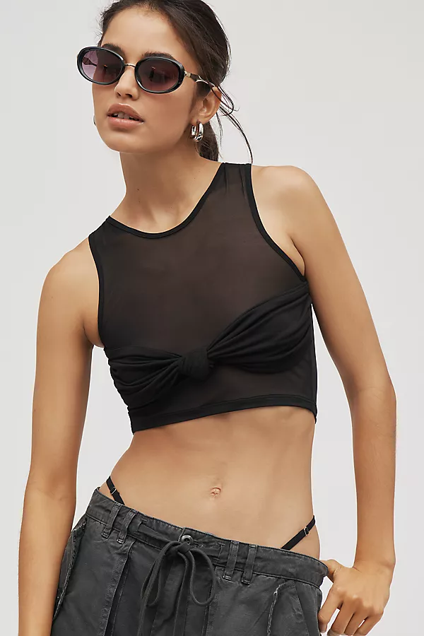 anthropologie By Anthropologie Knot-Front Mesh Cropped Tank Black