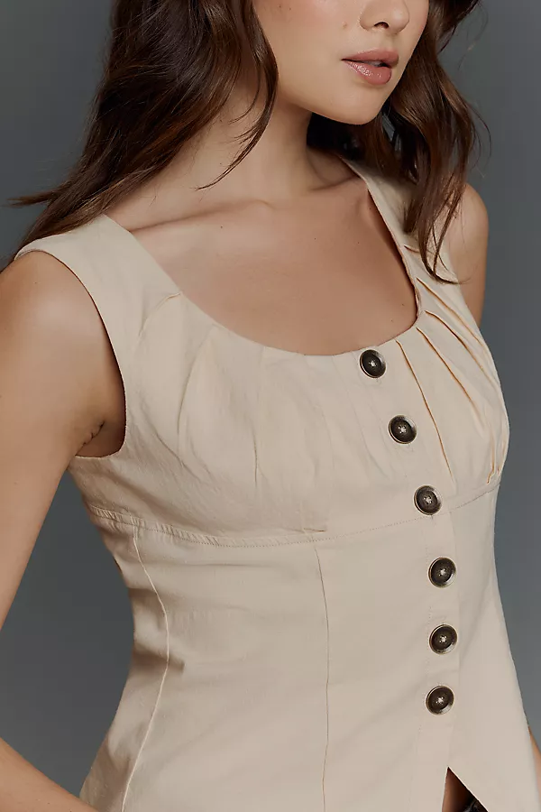 Anthropologie By Anthropologie Linen-Blend Sleeveless Button-Front Top Neutral