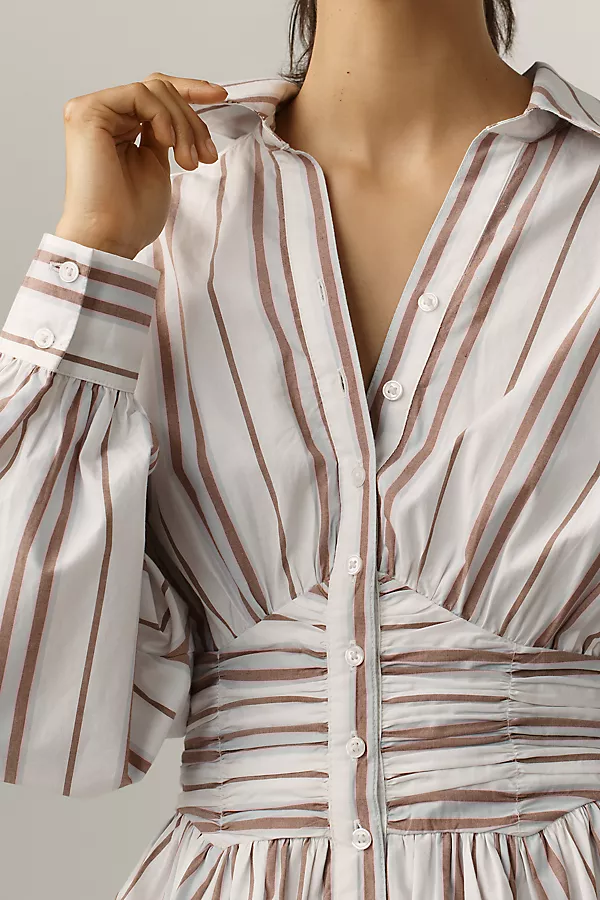 Anthropologie By Anthropologie Long-Sleeve Collared A-Line Mini Dress NEUTRAL STRIPE