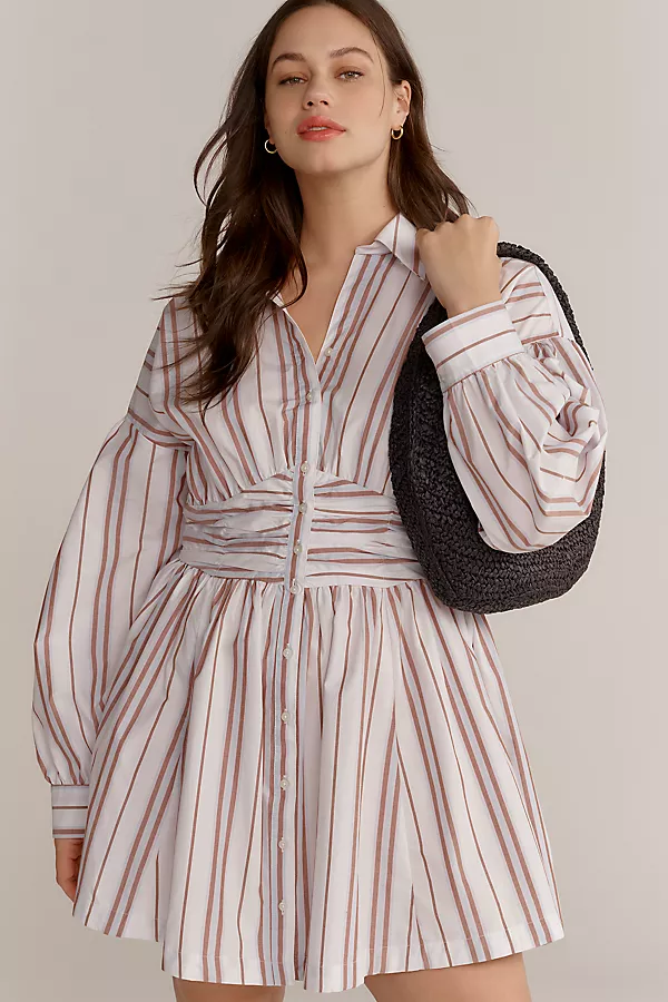 Anthropologie By Anthropologie Long-Sleeve Collared A-Line Mini Dress NEUTRAL STRIPE