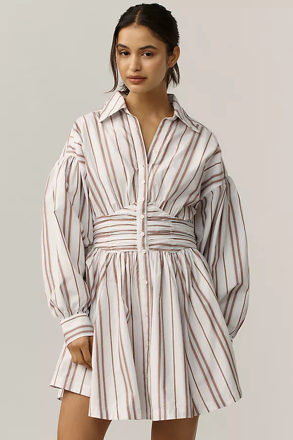 anthropologie By Anthropologie Long-Sleeve Collared A-Line Mini Dress NEUTRAL STRIPE