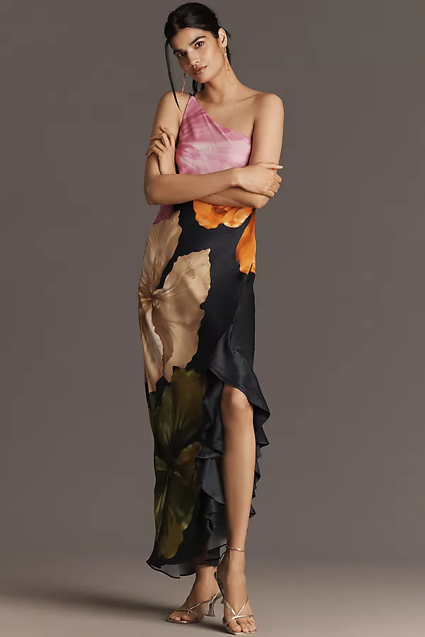 anthropologie By Anthropologie One-Shoulder Asymmetric Floral Maxi Dress Navy Floral