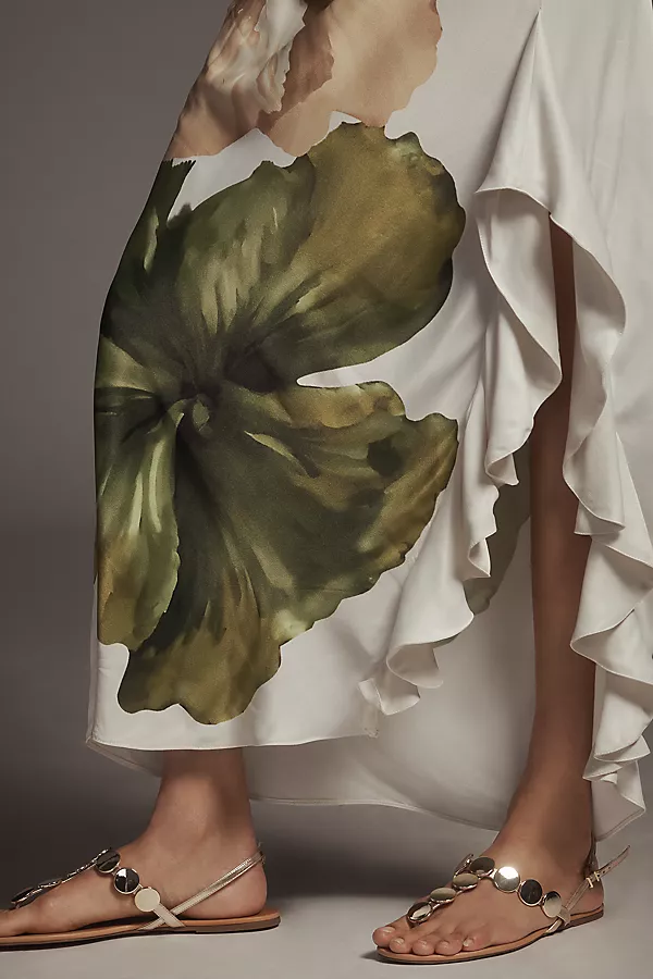 Anthropologie By Anthropologie One-Shoulder Asymmetric Floral Maxi Dress Neutral Floral