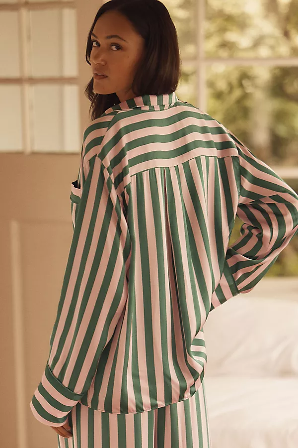 Anthropologie By Anthropologie Oversized Button-Front Pajama Shirt Pink/Green Stripe
