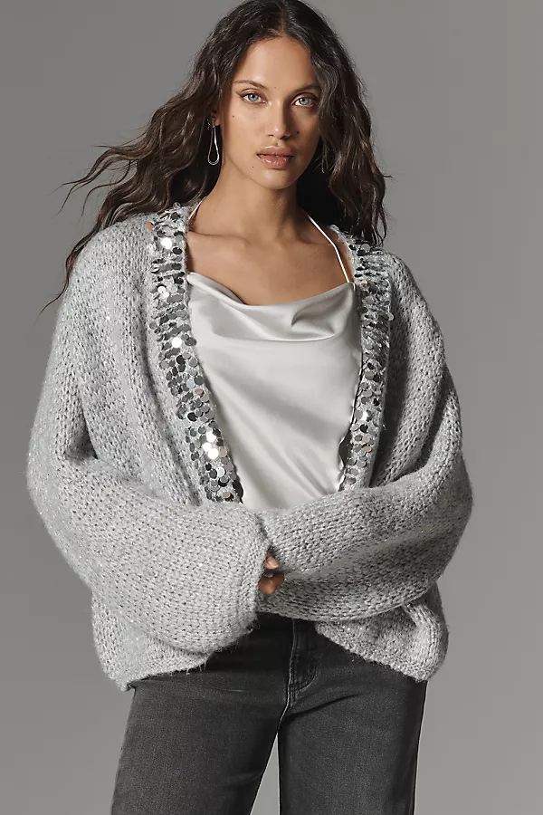 anthropologie By Anthropologie Paillette Cardigan Sweater Grey/Silver