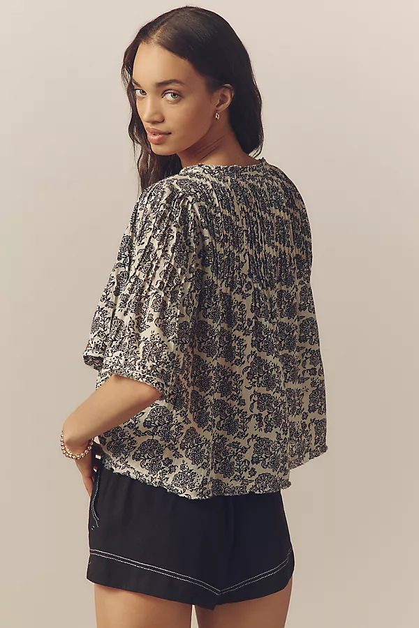 Anthropologie By Anthropologie Pintuck Short-Sleeve Swing Top Cream