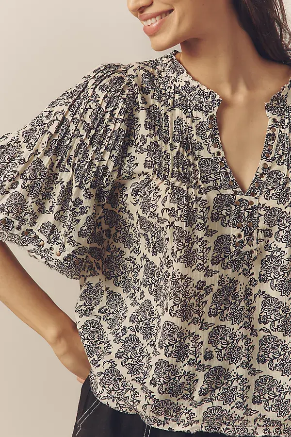 Anthropologie By Anthropologie Pintuck Short-Sleeve Swing Top Cream