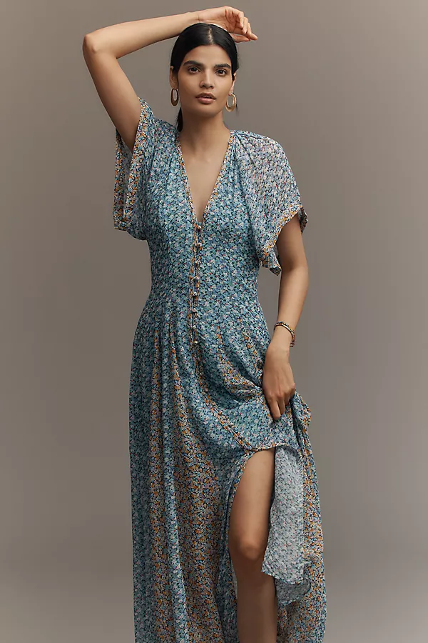 anthropologie By Anthropologie Pleated Smocked Maxi Dress Blue anthropologie By Anthropologie Pleated Smocked Maxi Dress Blue