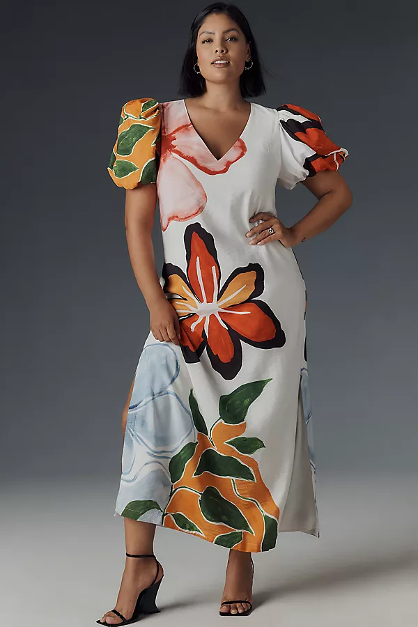 Anthropologie By Anthropologie Puff-Sleeve A-Line Maxi Dress Ivory