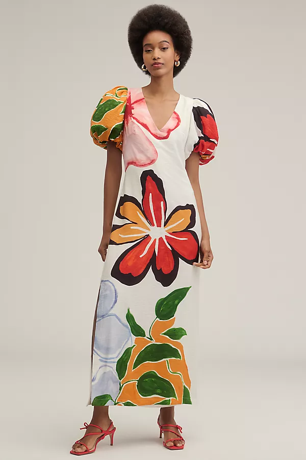 anthropologie By Anthropologie Puff-Sleeve A-Line Maxi Dress Ivory