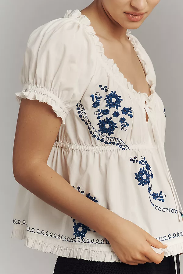 Anthropologie By Anthropologie Puff-Sleeve Embroidered Babydoll Top White