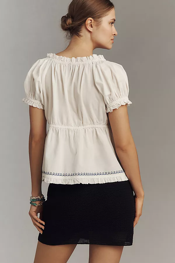 Anthropologie By Anthropologie Puff-Sleeve Embroidered Babydoll Top White