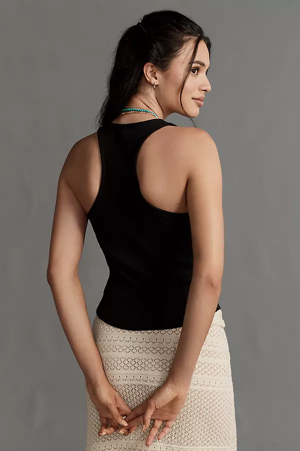 Anthropologie By Anthropologie Ribbed Seamed Deep-V Neck Tank Top Black