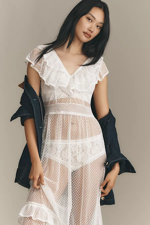 Anthropologie By Anthropologie Ruffle Sheer Mesh Maxi Dress Ivory