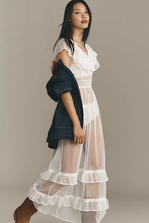Anthropologie By Anthropologie Ruffle Sheer Mesh Maxi Dress Ivory