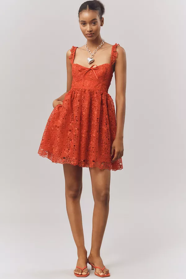Anthropologie By Anthropologie Ruffle-Strap Corset Lace Mini Dress Lipstick Red