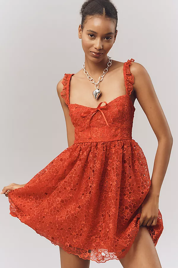 anthropologie By Anthropologie Ruffle-Strap Corset Lace Mini Dress Lipstick Red