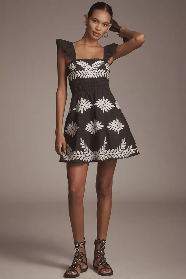 Anthropologie By Anthropologie Ruffle-Strap Embroidered Smocked Mini Dress Anthracite Combo