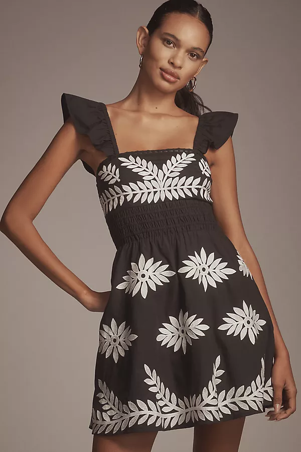 anthropologie By Anthropologie Ruffle-Strap Embroidered Smocked Mini Dress Anthracite Combo