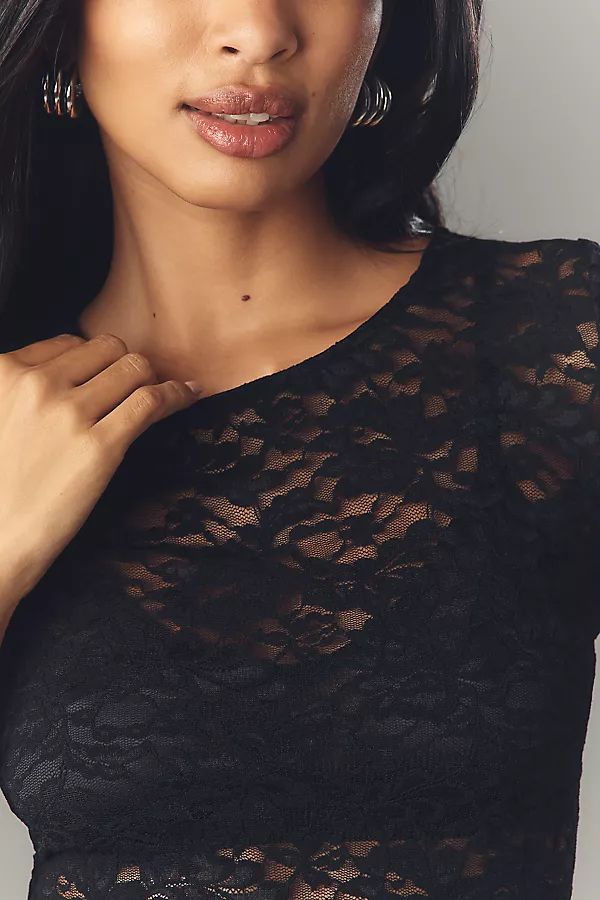 Anthropologie By Anthropologie Short-Sleeve Crew-Neck Lace Top Black Onyx