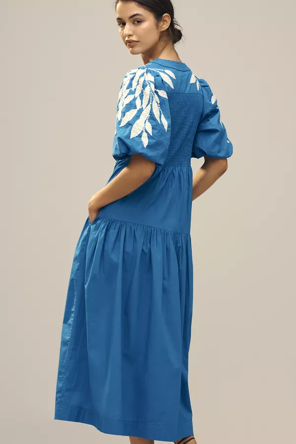 Anthropologie By Anthropologie Short-Sleeve Embroidery Appliqué Maxi Dress Happy Blue & Vanilla
