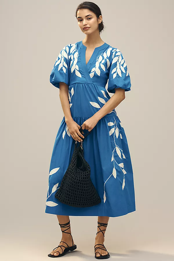 anthropologie By Anthropologie Short-Sleeve Embroidery Appliqué Maxi Dress Happy Blue & Vanilla