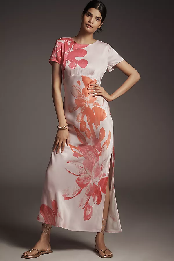 anthropologie By Anthropologie Short-Sleeve Maxi Slip Dress Pink Pattern