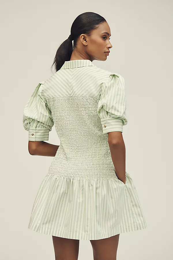 Anthropologie By Anthropologie Short-Sleeve Smocked A-Line Mini Shirt Dress Green / White Stripe