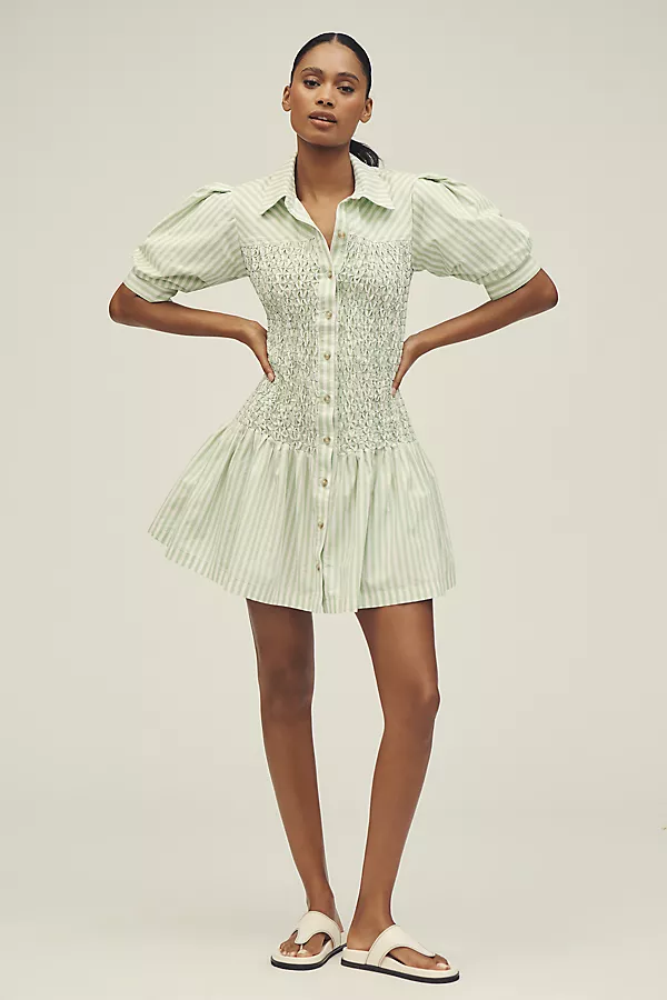 Anthropologie By Anthropologie Short-Sleeve Smocked A-Line Mini Shirt Dress Green / White Stripe