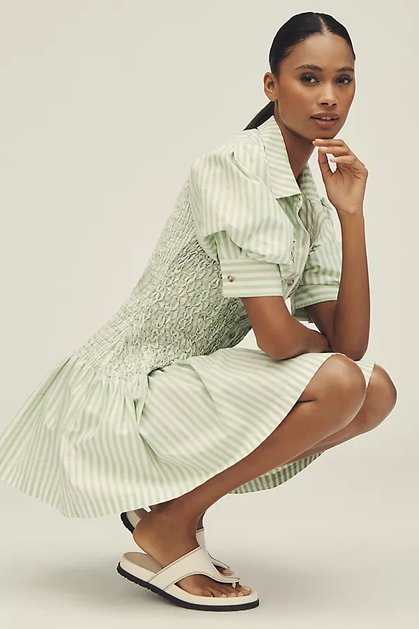Anthropologie By Anthropologie Short-Sleeve Smocked A-Line Mini Shirt Dress Green / White Stripe