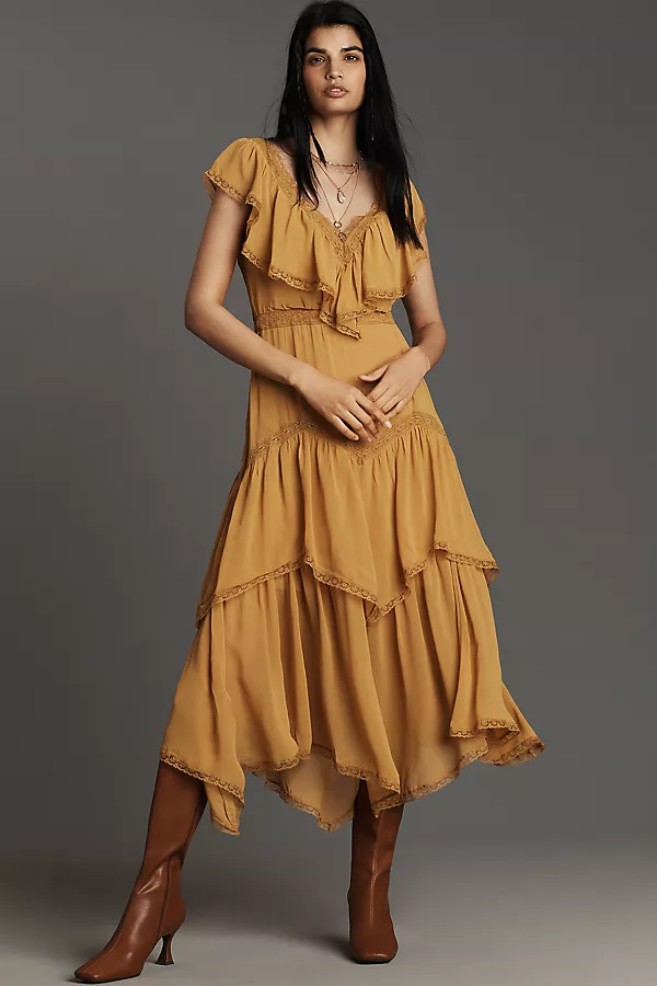 Anthropologie By Anthropologie Short-Sleeve V-Neck Ruffle Midi Dress Yellow