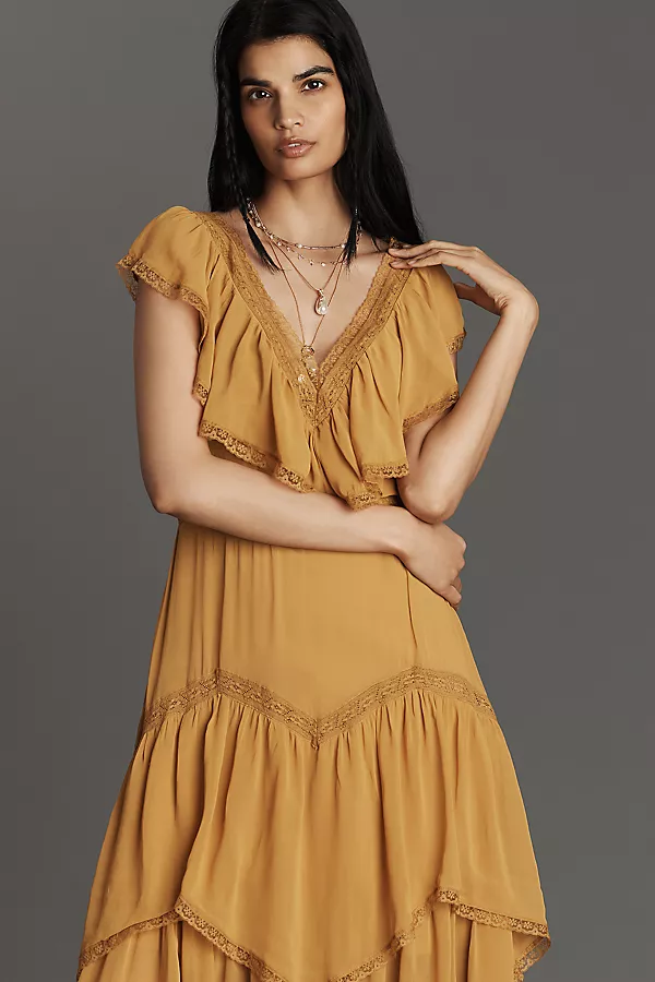 Anthropologie By Anthropologie Short-Sleeve V-Neck Ruffle Midi Dress Yellow