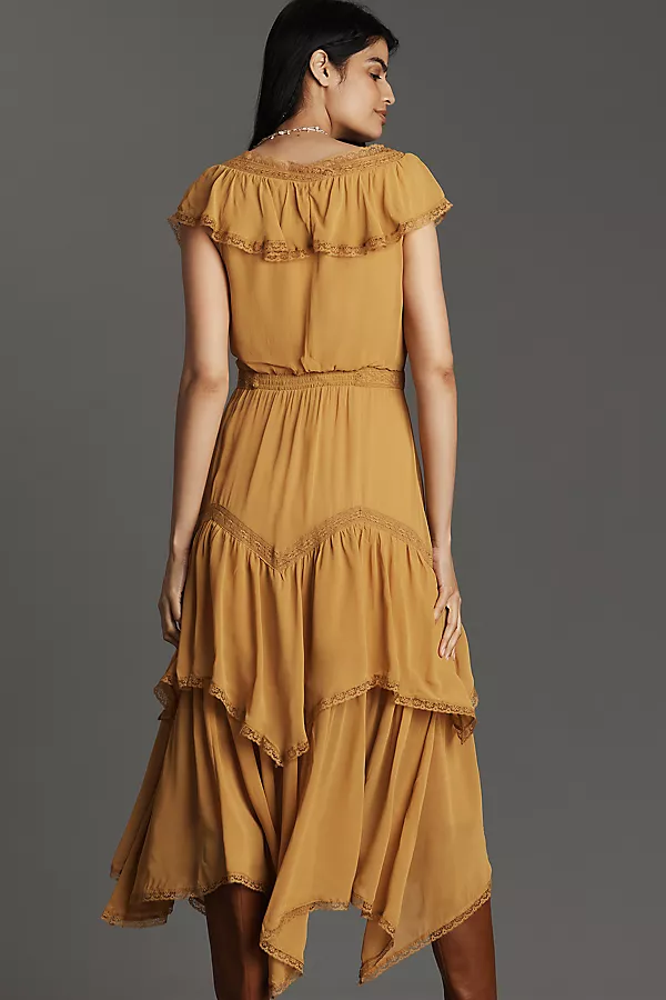 Anthropologie By Anthropologie Short-Sleeve V-Neck Ruffle Midi Dress Yellow