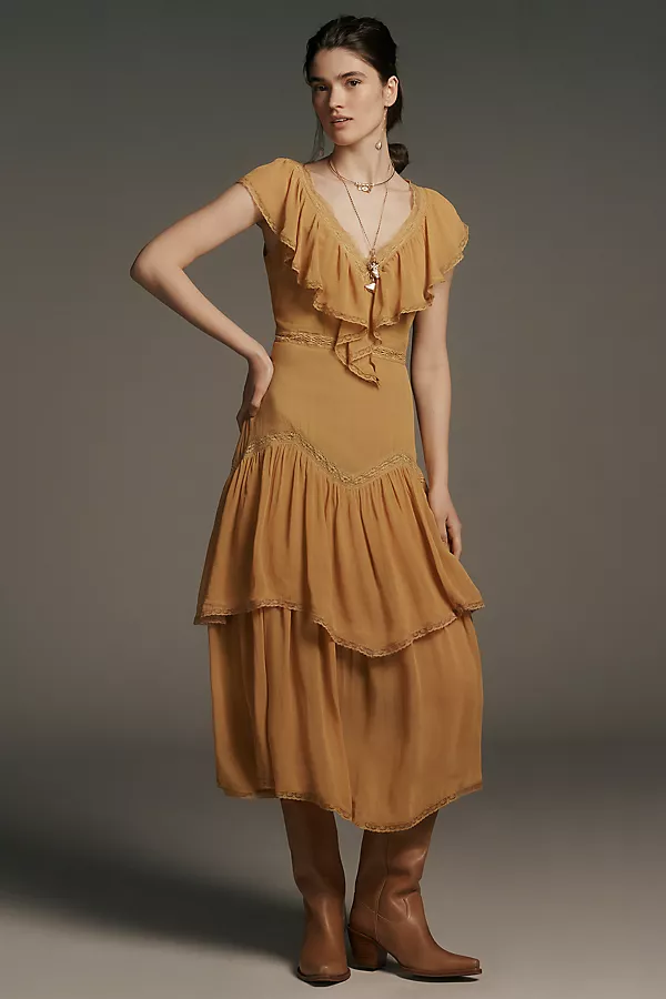 anthropologie By Anthropologie Short-Sleeve V-Neck Ruffle Midi Dress Yellow