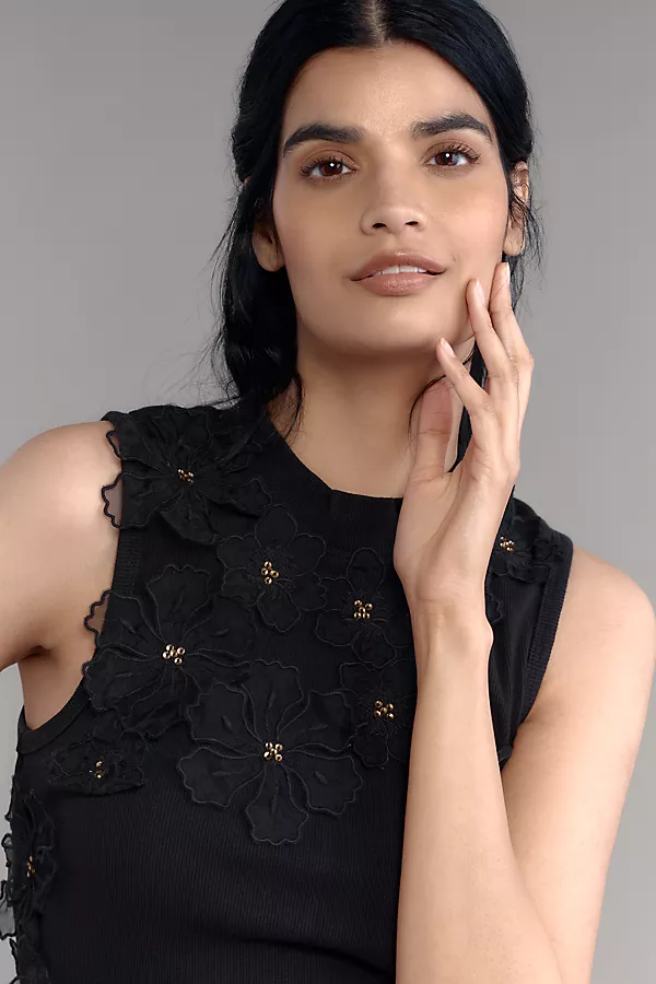Anthropologie By Anthropologie Sleeveless 3D Floral Appliqué Top Black Onyx