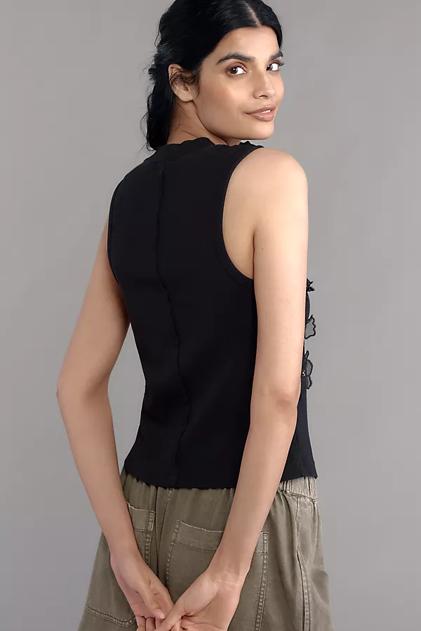 Anthropologie By Anthropologie Sleeveless 3D Floral Appliqué Top Black Onyx