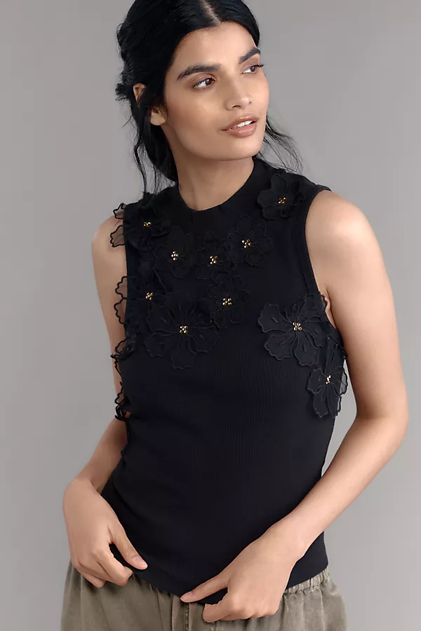 anthropologie By Anthropologie Sleeveless 3D Floral Appliqué Top Black Onyx