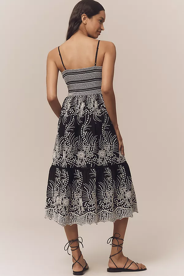 Anthropologie By Anthropologie Sleeveless Sweetheart Tiered Midi Dress Black Pattern