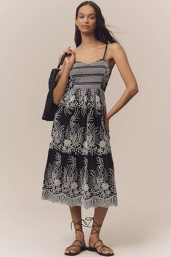 anthropologie By Anthropologie Sleeveless Sweetheart Tiered Midi Dress Black Pattern