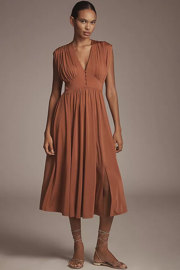 anthropologie By Anthropologie Sleeveless V-Neck A-Line Midi Dress Coconut Shell