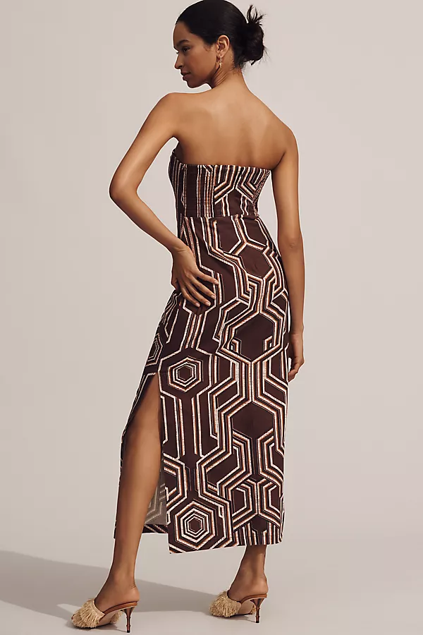 Anthropologie By Anthropologie Strapless Linen Plunge-Neck Midi Dress Dark Brown