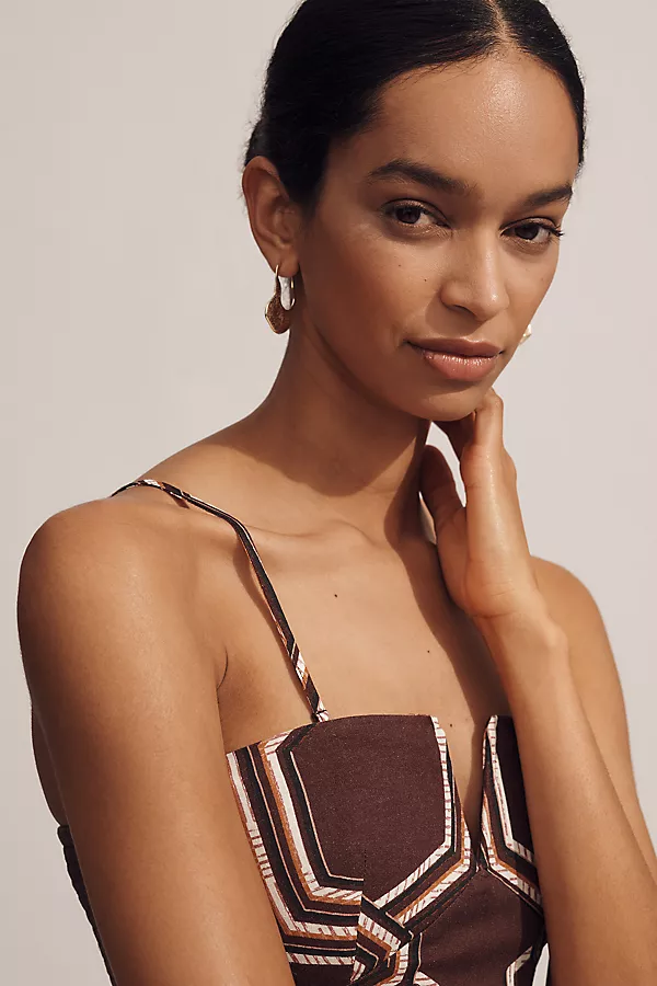 Anthropologie By Anthropologie Strapless Linen Plunge-Neck Midi Dress Dark Brown