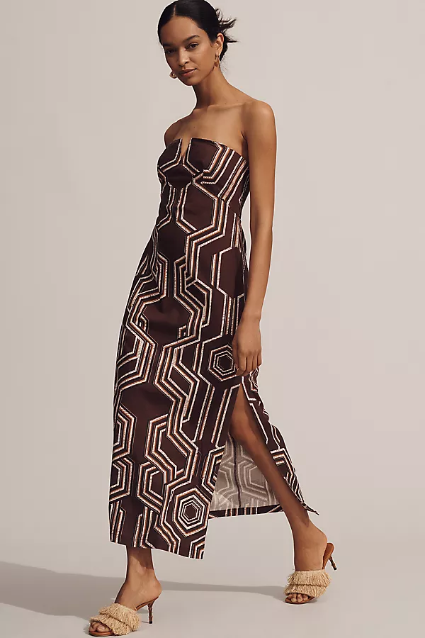 Anthropologie By Anthropologie Strapless Linen Plunge-Neck Midi Dress Dark Brown